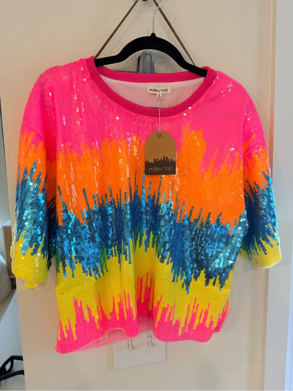 Main Strip Neon Pink Multicolor Sequin Knit Top